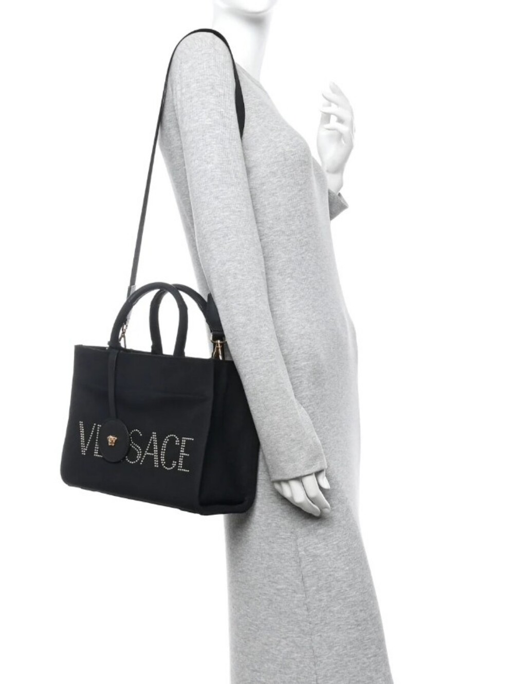 Versace Black Canvas Studded Logo Tote with Gold Accent - Picture 8 of 8